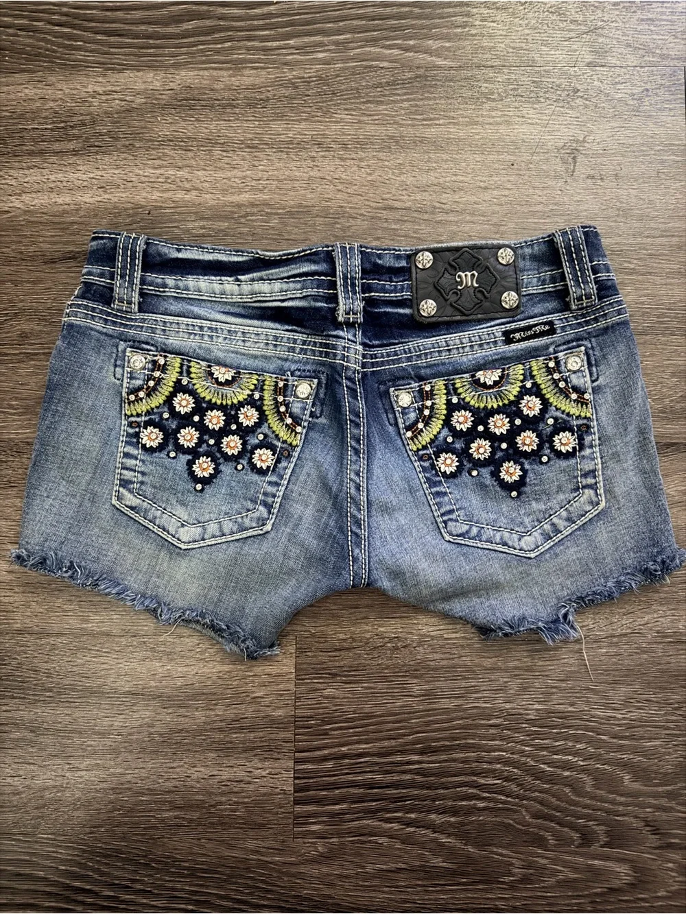 Miss Me Denim Embroidered Shorts with Floral Back Pockets